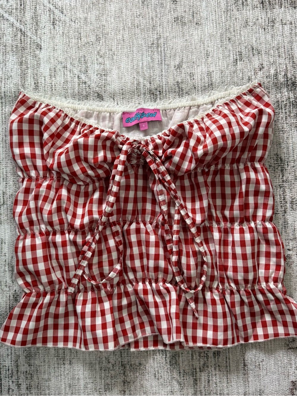 Edikted Red & White Gingham Tube Top with Tie Front